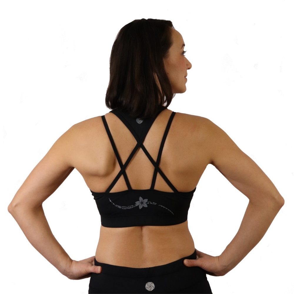 Plumeria Black Strappy Sports Bra Removable Cups